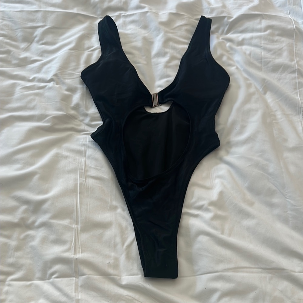 Fashion Nova Black 90’s One Piece Swimsuit with Plunging V-Neck